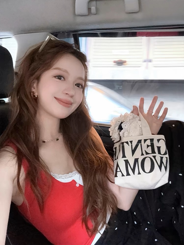 TMH STUDIO 泰蘭德疊穿少女 蕾絲花邊紐扣背心女外穿短款緊身上衣