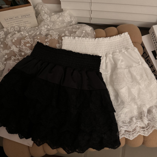 Real shot of lace cake A-line skirt summer ballet style high-waisted white mesh puffy skirt for women