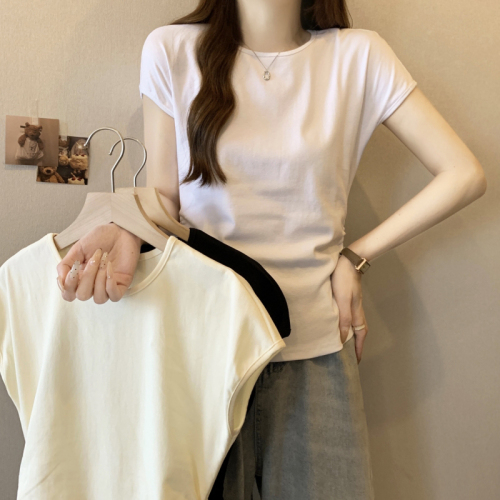 Real shot 40 count pure cotton 2024 summer short-sleeved T-shirt women's slim and versatile solid color round neck top