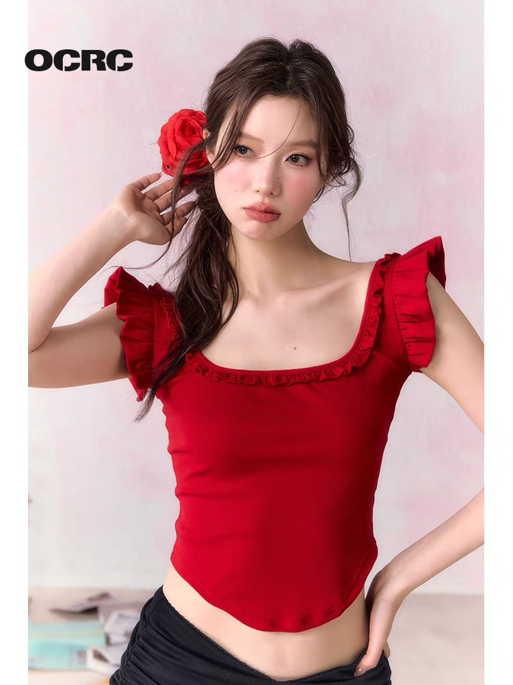 OCRC Official紅色辣妹小飛袖吊帶上衣女夏季正反兩穿修身短款T恤