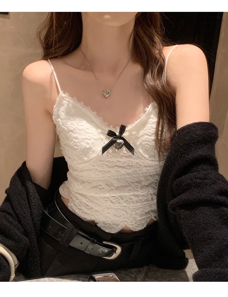 蕾絲蝴蝶結吊帶女純欲性感收腰修身打底衫內搭帶胸墊V領性感上衣