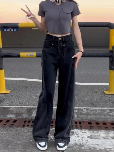 Black wide-leg high-waisted jeans for women 2024 spring and autumn style contrasting color splicing loose slimming straight floor-length trousers