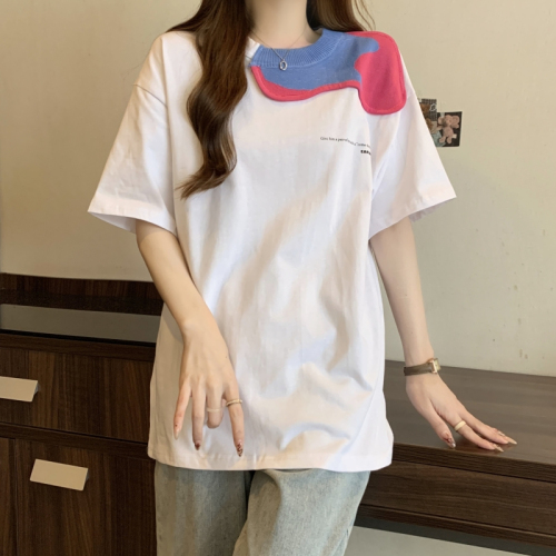 Actual shot of 21-count pure cotton high-density 2024 summer knitted splicing short-sleeved T-shirt women's printed loose top