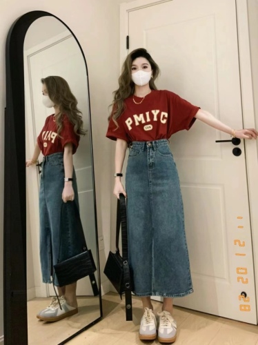 Summer women's clothing Hong Kong style American retro T-shirt top denim skirt salt style two-piece suit with light and mature style