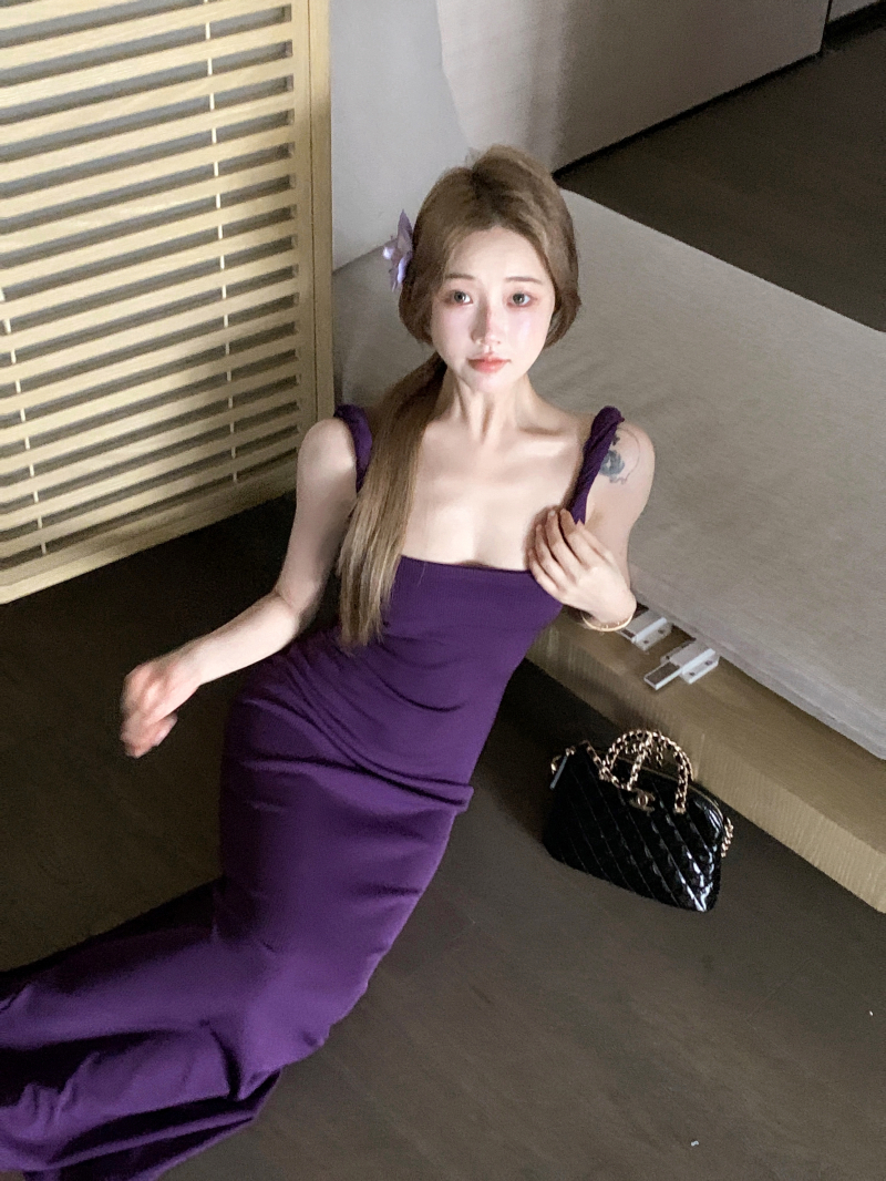 Actual shot of pure lust sexy slit one-line collar vacation style dark purple long slim dress for women