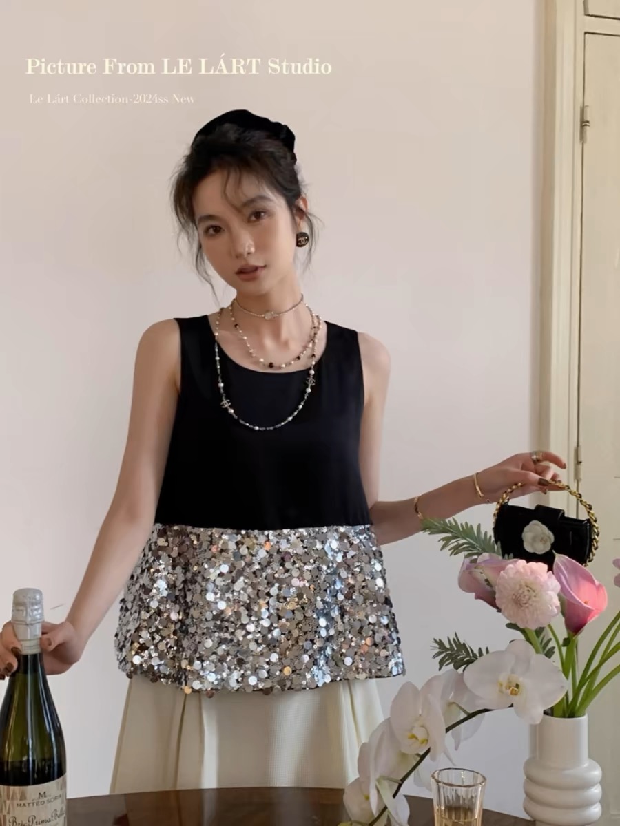 LELART春夏新款法式氣質拼接亮片無袖背心女寬鬆撞色簡約上衣小衫