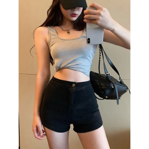 High-waisted black jeans, super shorts, women's summer hot girl A-line pants, thin, tight, stretchy, slim-fitting butt-covering hot pants