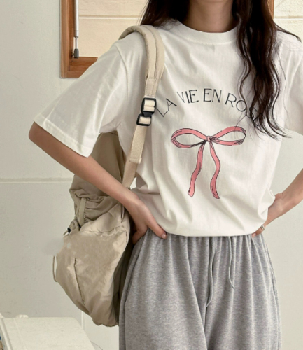 夏季新款！4色 韩国韩系可爱少女蝴蝶结字母印花短袖T恤东大门