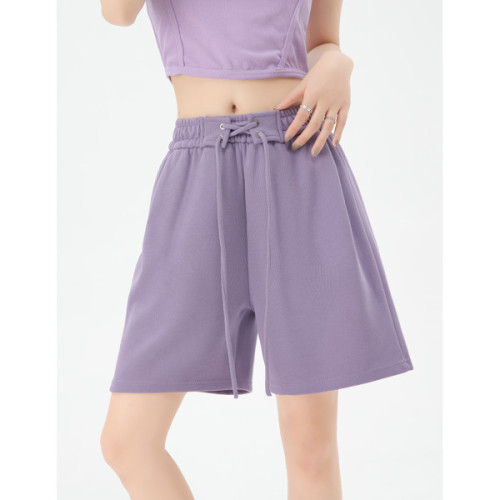 紫色运动短裤女夏薄款高腰显瘦休闲阔腿中裤抽绳设计感美式五分裤
