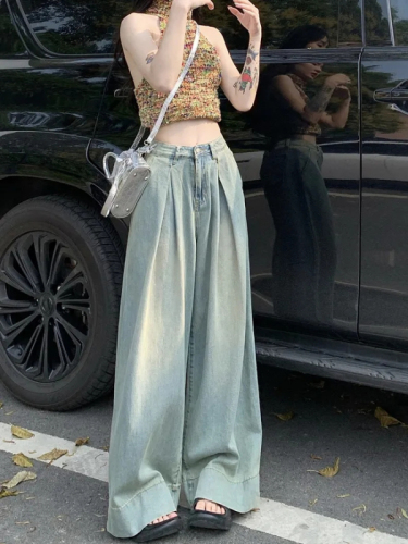 Spring and Autumn loose and versatile wide-leg slimming long pants Korean style flesh-covering high-waist straight floor-length jeans for women trendy