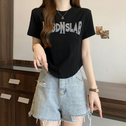 Real shot 40 count pure cotton 2024 summer new style letter foam printed short-sleeved T-shirt for women Iins trendy and versatile