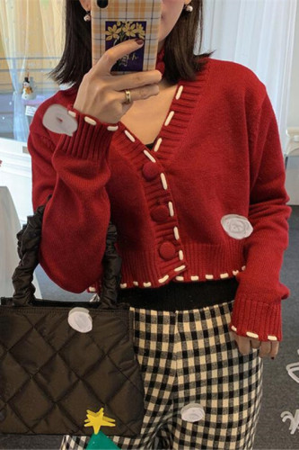 韩国新款小众设计手工线高腰针织衫女外套短款bm上衣V领毛衣开衫