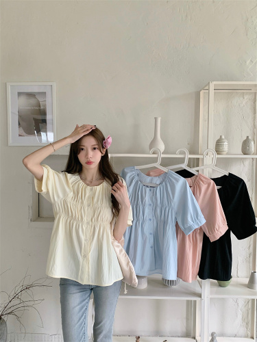66039 Real shot large size short-sleeved shirt summer round neck right shoulder puff sleeve fat mm belly covering top