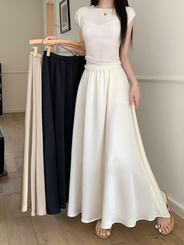 Actual shot ~ 2024 new Korean satin long skirt with elastic waist and slimming A-line drape skirt