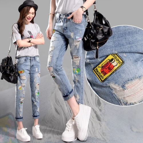 2024 New Style Ripped Jeans Women's Nine-Point Pants Loose Personalized Embroidered Patches Casual Harem Pants Ripped Pants