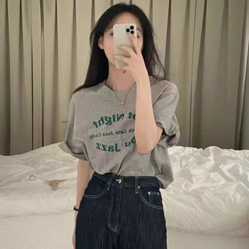 Korean chic summer simple basic round neck contrasting letter printing loose and versatile short-sleeved T-shirt tops for women