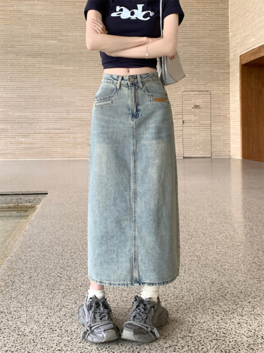 Actual shot~New casual pocket design versatile mid-length slit denim skirt