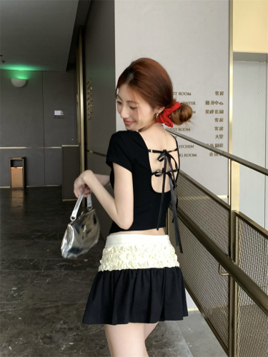 Actual shot of bow-knot backless short-sleeved + lace ballet-style design A-line skirt two-piece set