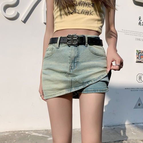 Real shot of denim skirt for women 2024 summer new high-waist elastic anti-exposure hot girl hip-covering short skirt