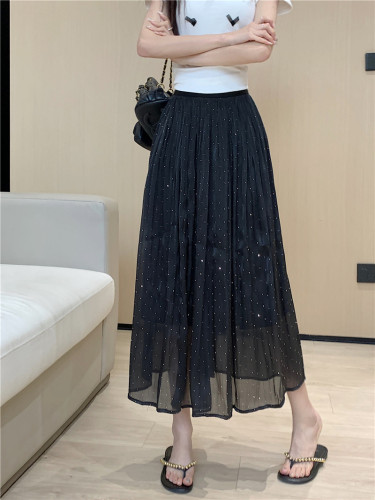 Actual shot of 2024 summer hot diamond streamer yarn skirt women's mid-length slimming large hem pleated A-line umbrella skirt