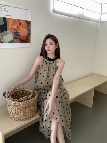 Actual shot ~ French retro flocking polka-dot halter dress summer sleeveless off-shoulder long skirt