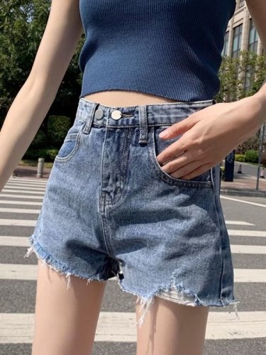 Denim shorts women's high waist summer 2024 new trendy ins loose slimming wide leg ripped internet celebrity a-line hot pants