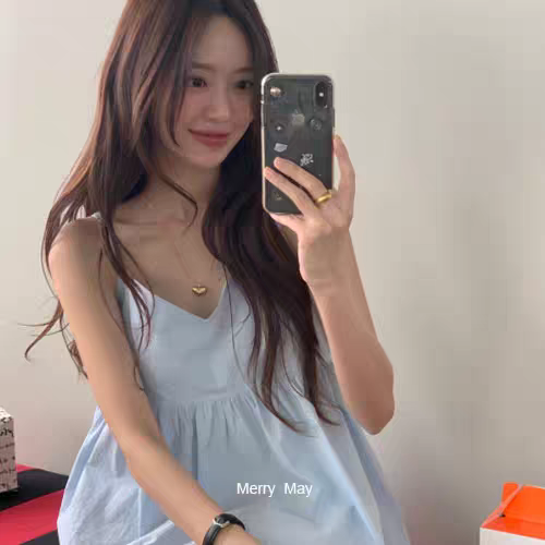 Sweet Girl Korean 2024 Summer V-neck Small Skirt Camisole Top