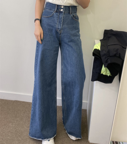 High-waisted slim casual two-button wide-leg raw edge jeans for women