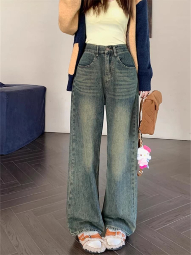 Retro distressed straight-leg jeans for women in spring and summer American high street casual high-waisted loose slimming wide-leg floor-length trousers