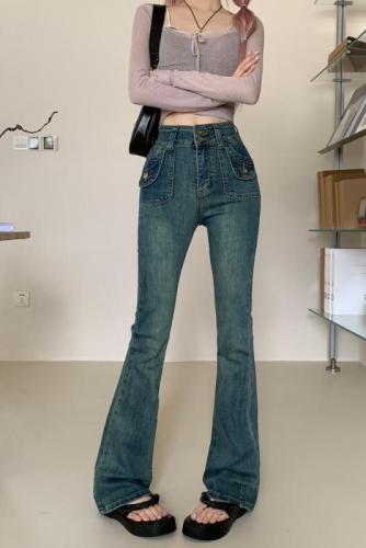 Real shot of retro blue high-waisted bell-bottom pants 2024 spring new bootcut jeans slim fit floor-length pants