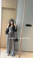NINALIFE春季不規則吊帶收腰寬鬆型休閒長褲設計感黑白條紋套裝女