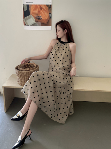 Actual shot ~ French retro flocking polka-dot halter dress summer sleeveless off-shoulder long skirt