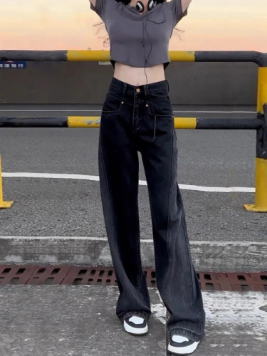 Black wide-leg high-waisted jeans for women 2024 spring and autumn style contrasting color splicing loose slimming straight floor-length trousers