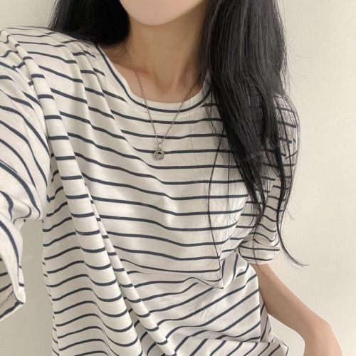 Striped short-sleeved T-shirt for women 2 summer Korean style mid-length ins style casual outer wear