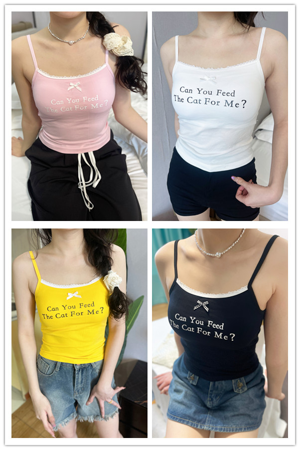 實拍~印花蝴蝶結蕾絲邊背心女甜辣打底內搭上衣美背