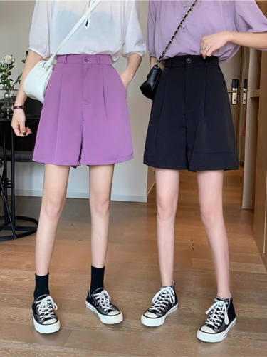 夏季韩版新款高腰显瘦裤子西装短裤宽松紫色阔腿裤五分裤女装