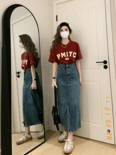 Summer women's clothing Hong Kong style American retro T-shirt top denim skirt salt style two-piece suit with light and mature style