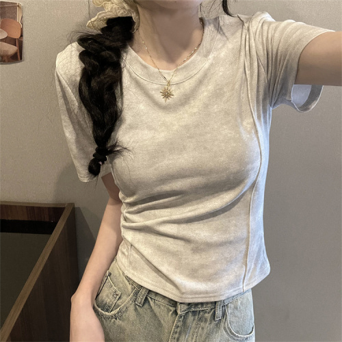 Real shot of simple style three-dimensional line short-sleeved top for women summer niche design casual round neck t-shirt