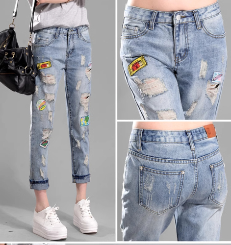 2024 New Style Ripped Jeans Women's Nine-Point Pants Loose Personalized Embroidered Patches Casual Harem Pants Ripped Pants