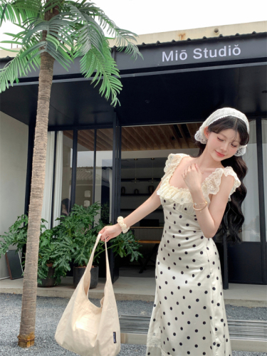 Real shot ~ Romantic sister polka dot suspender dress for women round neck backless patchwork waist slimming skirt