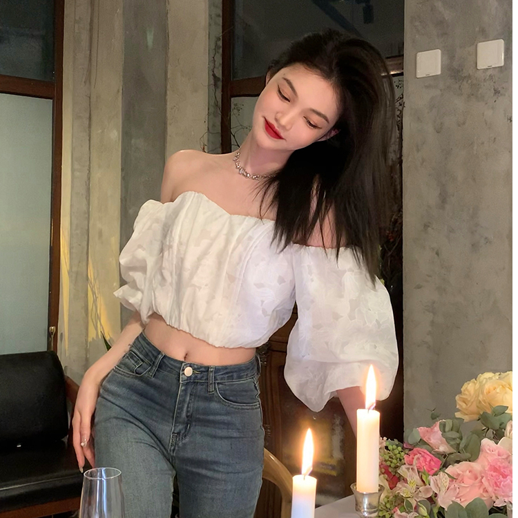 氣質款純欲辣妹提花抹胸襯衫一字領泡泡袖露肩性感百搭短款上衣女