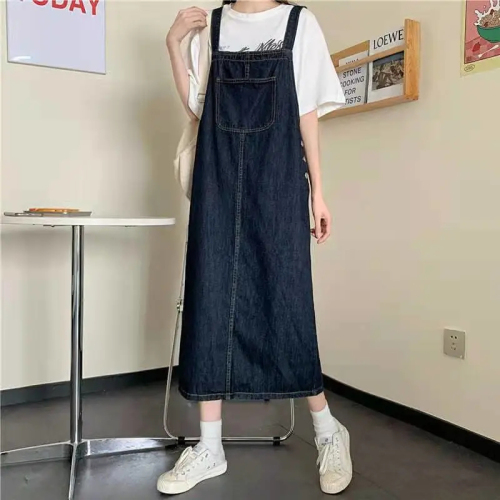 Large size slim denim suspender dress women's salt sleeveless versatile mid-length skirt 2024 spring and summer new style