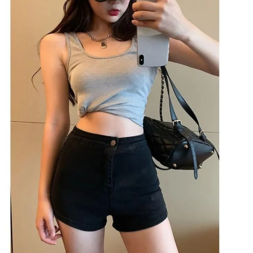 High-waisted black jeans, super shorts, women's summer hot girl A-line pants, thin, tight, stretchy, slim-fitting butt-covering hot pants