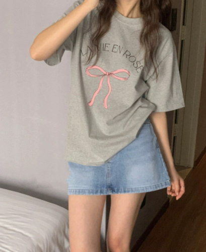 夏季新款！4色 韩国韩系可爱少女蝴蝶结字母印花短袖T恤东大门