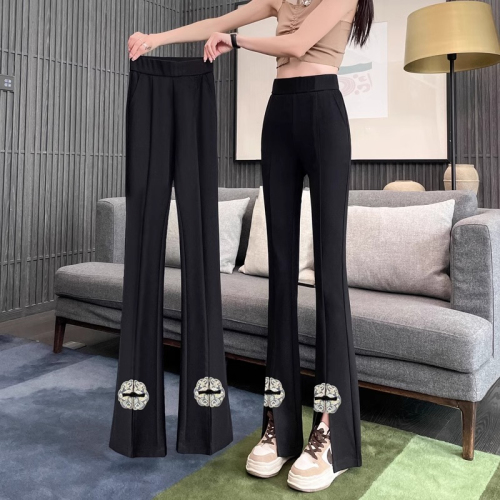 新中式国风微喇盘扣裤子女春设计感高腰直筒开叉喇叭裤