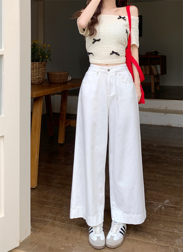 Actual shot ~ White straight wide leg jeans for women, high waisted, loose, slim and versatile nine-point pants