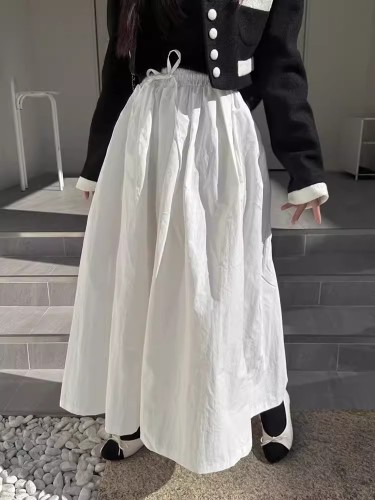 Korean chic spring new style simple and versatile lace-up high-waist slim A-line umbrella skirt solid color skirt for women