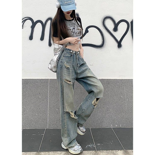 American retro ripped wide leg jeans for women summer new large size fat mm high waist design straight leg mopping pants