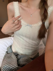 Original fabric lace, sheer and alluring style lace bow strap women's slim-fit outer top for early spring