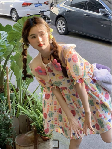 韩系可爱甜美减龄连衣裙2024宽松遮肚子夏季新款立体小花娃娃裙女
